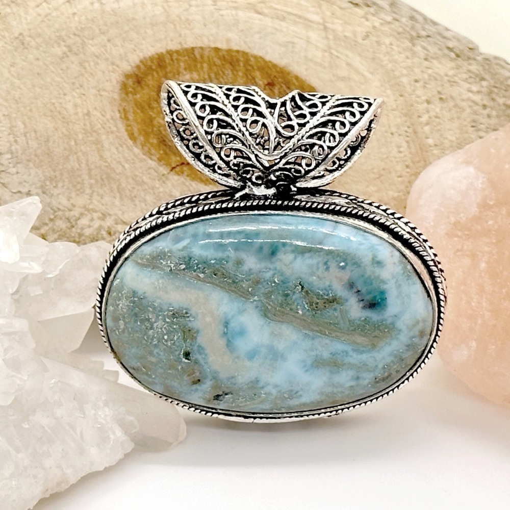 HUGE Larimar Natural Silver Healing Gemstone Crystal Necklace